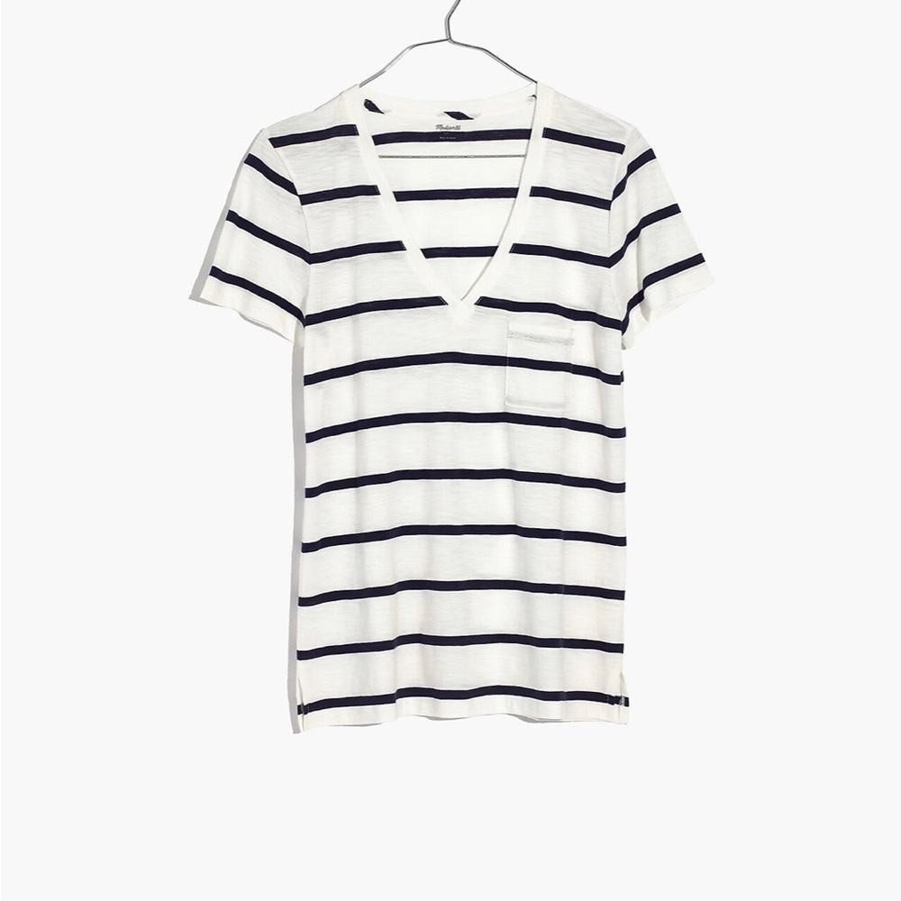 Madewell White and Navy Striped V-Neck Short Sleeve Tee